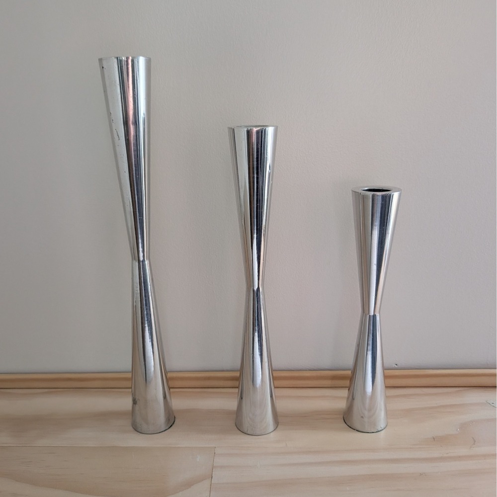 MCM Art Deco Minimalist Tapered Candlesticks Silver-Tone, Set of 3